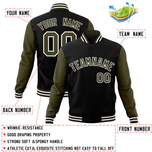 Custom Black Olive-White Letterman Jacket Contrast Sleeves Varsity Full-Snap