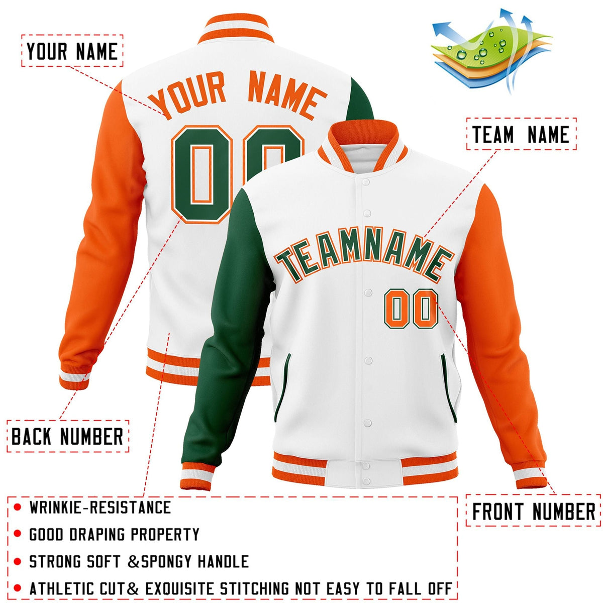 Custom White Green-White Letterman Jacket Contrast Sleeves Varsity Full-Snap