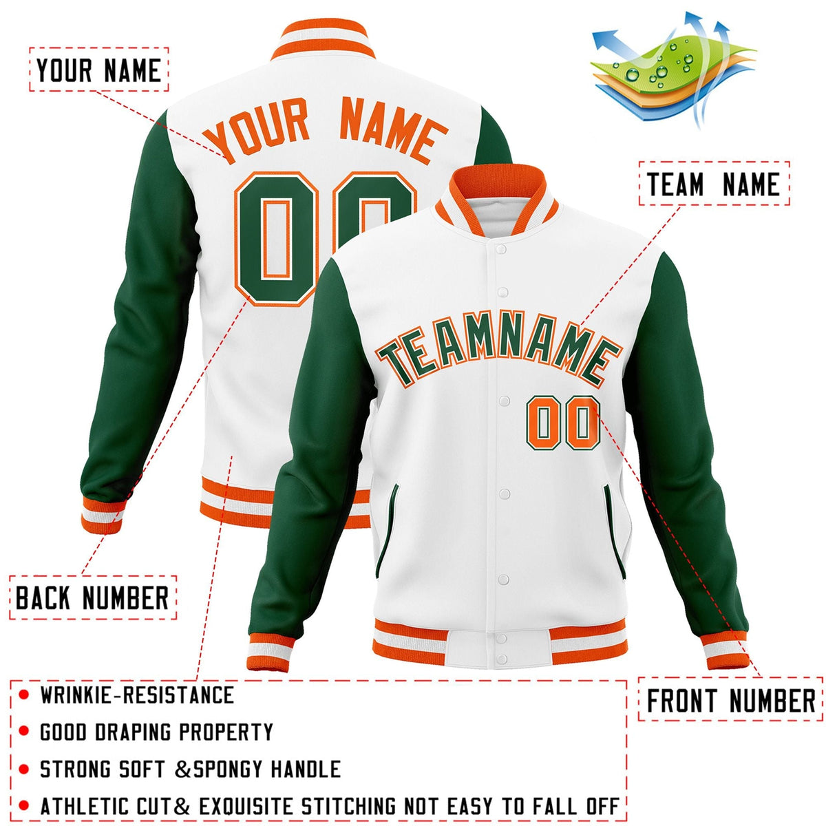 Custom White Green-White Letterman Jacket Contrast Sleeves Varsity Full-Snap