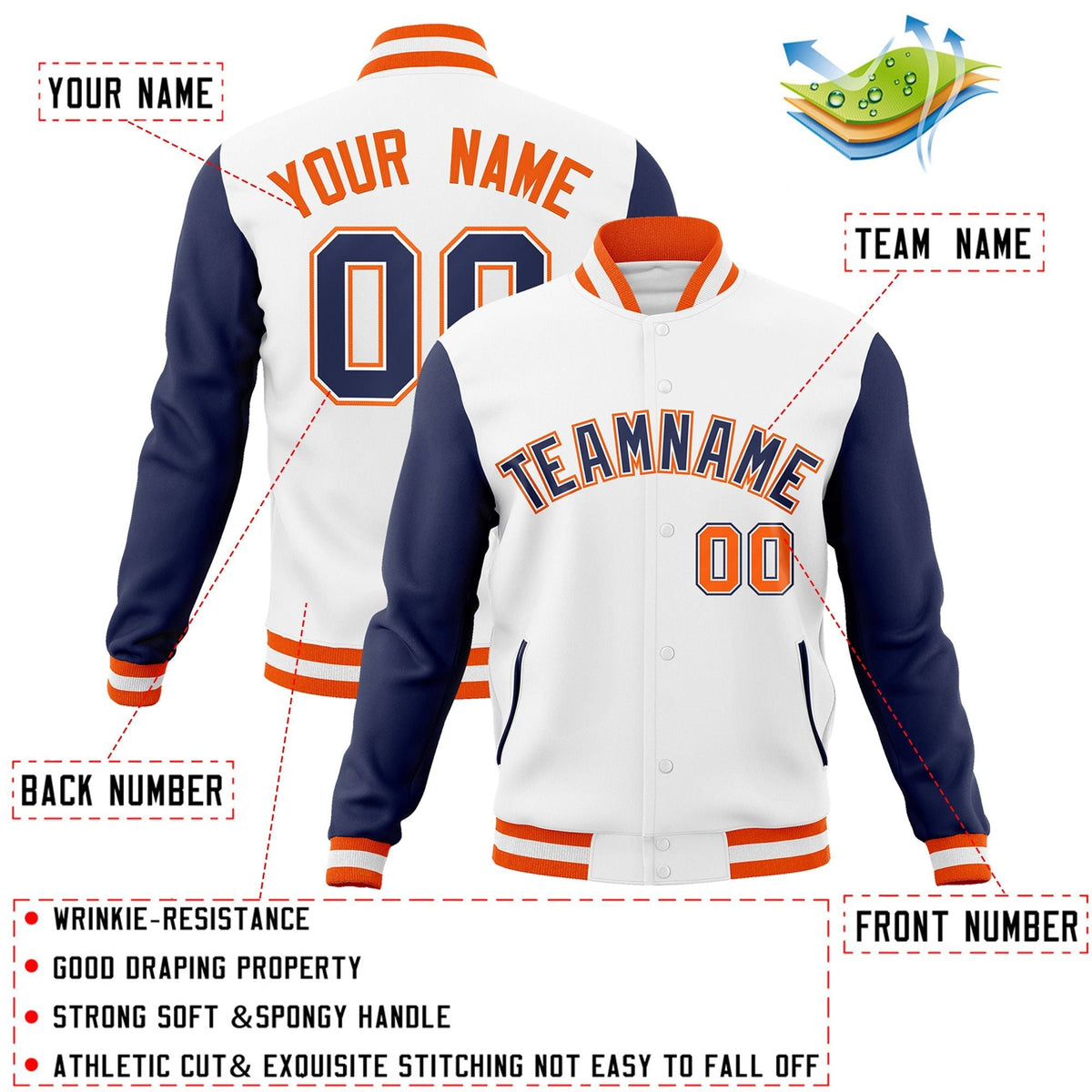Custom White Navy-White Letterman Jacket Contrast Sleeves Varsity Full-Snap