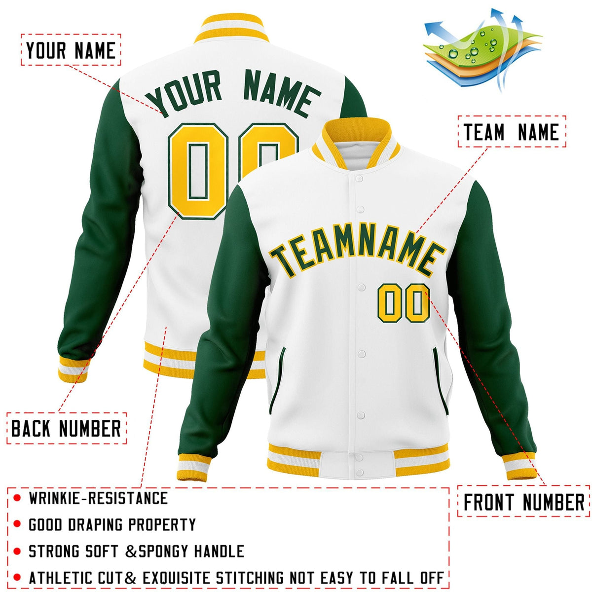 Custom White Green-Gold Letterman Jacket Contrast Sleeves Varsity Full-Snap