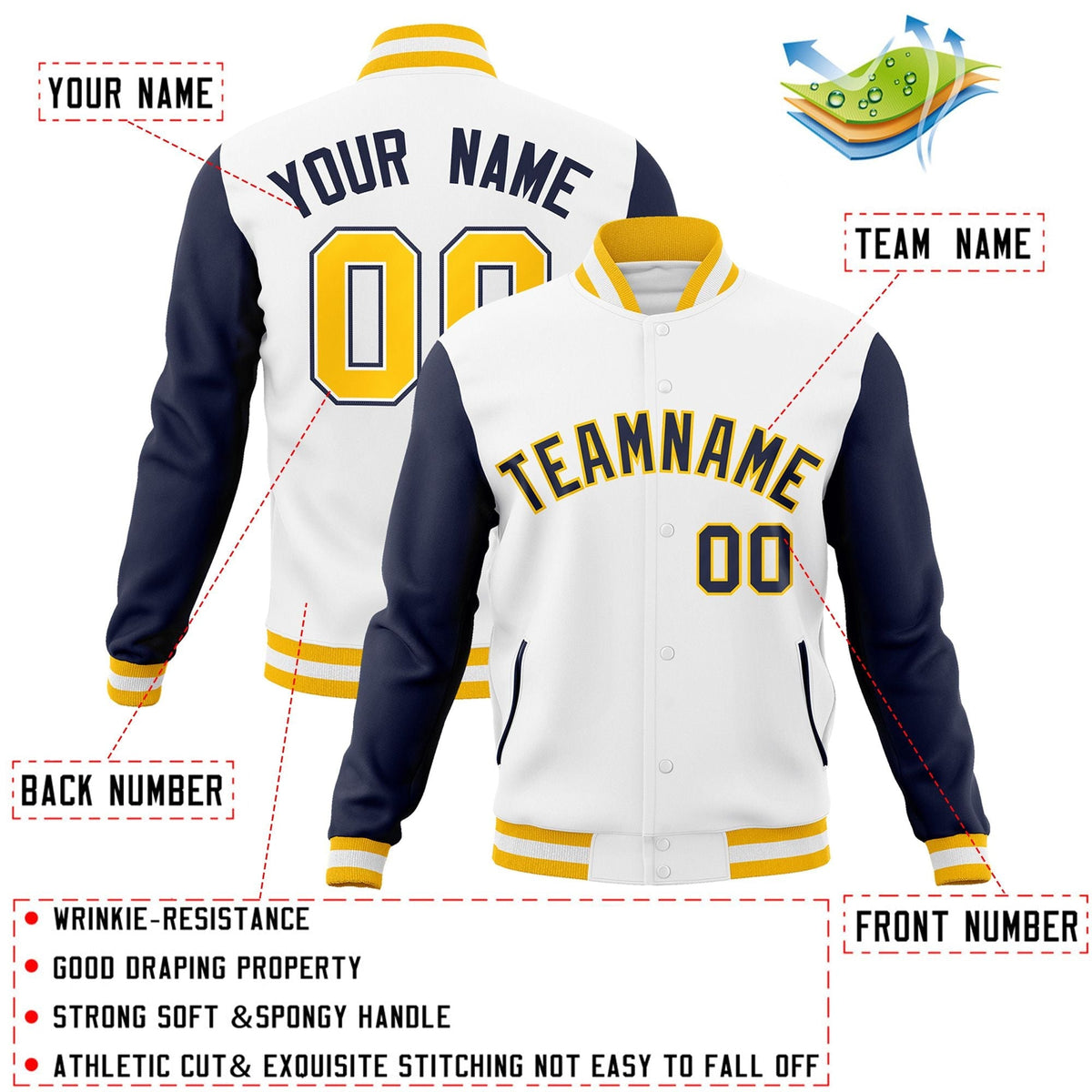 Custom White Navy-Gold Letterman Jacket Contrast Sleeves Varsity Full-Snap