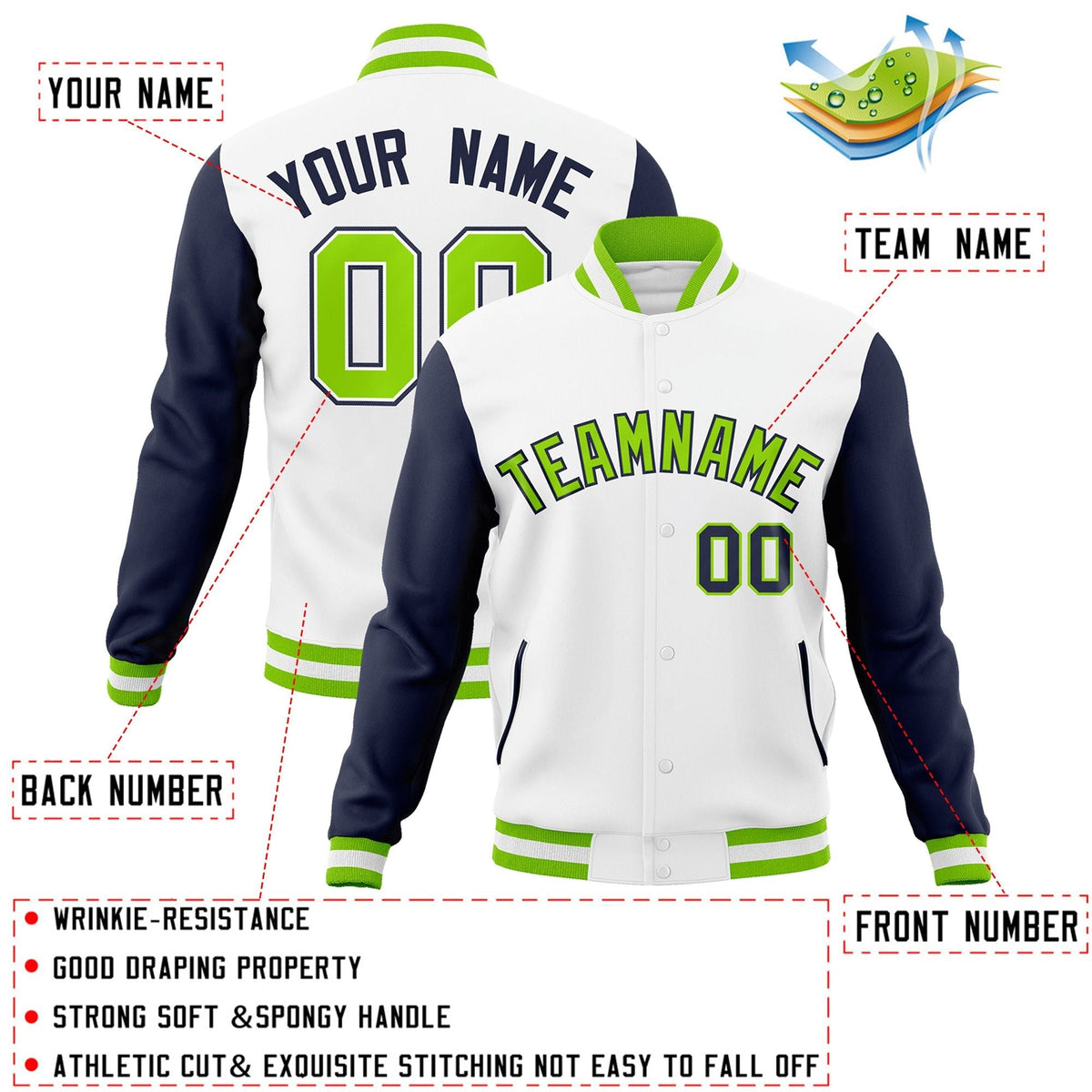 Custom White Neon Green-Navy Letterman Jacket Contrast Sleeves Varsity Full-Snap