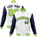 Custom White Neon Green-Navy Raglan Sleeves Varsity Full-Snap Letterman Jacket