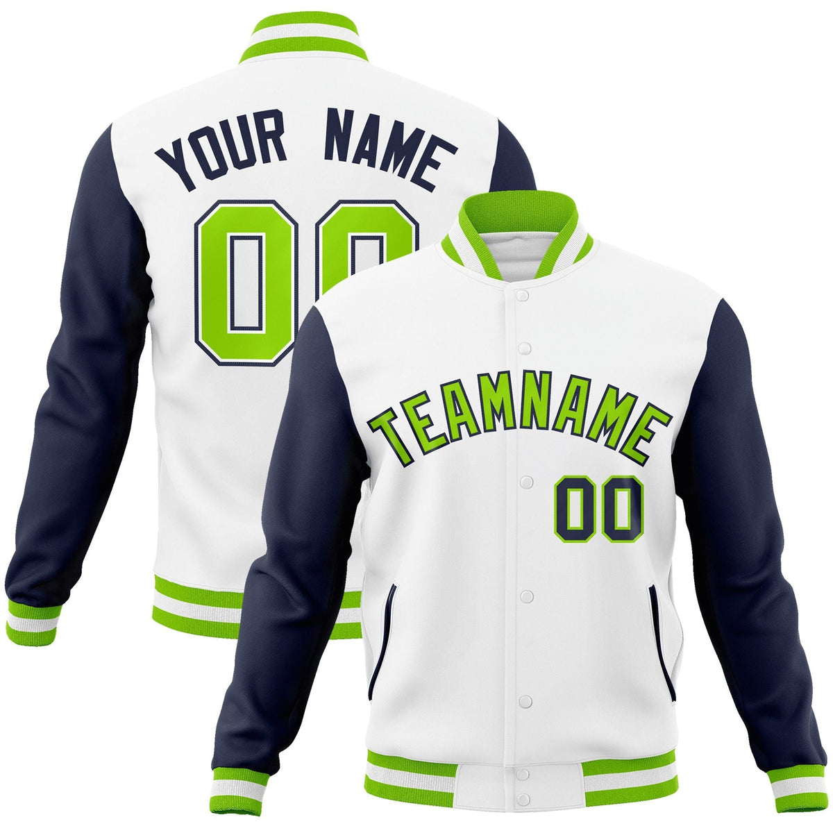 Custom White Neon Green-Navy Raglan Sleeves Varsity Full-Snap Letterman Jacket