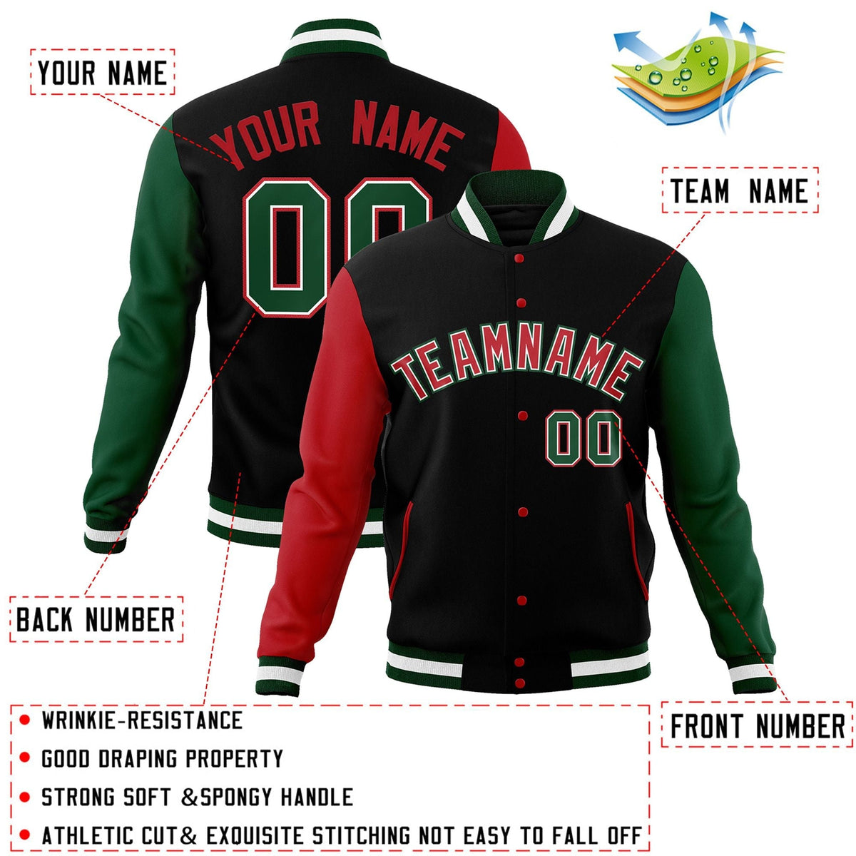Custom Black Red-White Letterman Jacket Contrast Sleeves Varsity Full-Snap