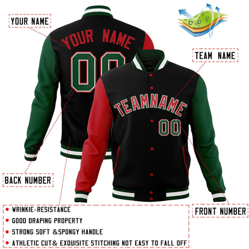 Custom Black Red-White Letterman Jacket Contrast Sleeves Varsity Full-Snap