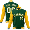 Custom Green & Gold & White Color Block Cotton-Blend Full-Snap Varsity Jacket - front view