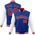 Personalized Royal Blue & White & Red Color Block Cotton-Blend Full-Snap Varsity Jacket - front view