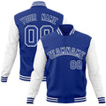 Custom Royal Blue & White Color Block Cotton-Blend Full-Snap Varsity Jacket - front view