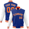 Custom Royal Blue & Orange & White Color Block Cotton-Blend Full-Snap Varsity Jacket - front view