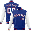 Personalized Royal Blue & White & Red Color Block Cotton-Blend Full-Snap Varsity Jacket - front view