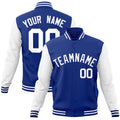 Custom Royal Blue & White Color Block Cotton-Blend Full-Snap Varsity Jacket - front view