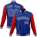Custom Royal Blue & Red & White Color Block Cotton-Blend Full-Snap Varsity Jacket - front view
