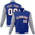 Custom Royal Blue & Gray & White Color Block Cotton-Blend Full-Snap Varsity Jacket - front view
