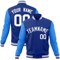 Personalized Royal Blue & Powder Blue & White Color Block Cotton-Blend Full-Snap Varsity Jacket - front view