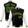 Custom Black & White & Gold Color Block Cotton-Blend Full-Snap Varsity Jacket - front view