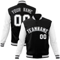 Custom Black & White Color Block Cotton-Blend Full-Snap Varsity Jacket - front view