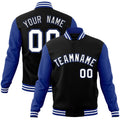 Custom Black & Royal Blue & White Color Block Cotton-Blend Full-Snap Varsity Jacket - front view