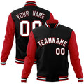 Custom Black & Red & White Color Block Cotton-Blend Full-Snap Varsity Jacket - front view
