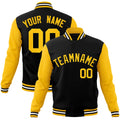 Custom Black & Gold Color Block Cotton-Blend Full-Snap Varsity Jacket - front view