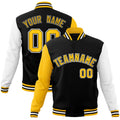 Personalized Black & White & Gold Color Block Cotton-Blend Full-Snap Varsity Jacket - front view