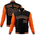 Custom Black & Orange Color Block Cotton-Blend Full-Snap Varsity Jacket - front view