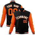 Custom Black & White & Orange Color Block Cotton-Blend Full-Snap Varsity Jacket - front view