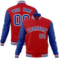 Custom Red & Royal Blue & White Color Block Cotton-Blend Full-Snap Varsity Jacket - front view