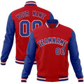 Personalized Red & Royal Blue & White Color Block Cotton-Blend Full-Snap Varsity Jacket - front view