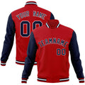 Custom Red & Navy & White Color Block Cotton-Blend Full-Snap Varsity Jacket - front view