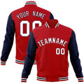 Custom Red & White & Navy Color Block Cotton-Blend Full-Snap Varsity Jacket - front view