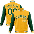 Custom Gold & Green & White Color Block Cotton-Blend Full-Snap Varsity Jacket - front view