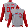 Custom Gray & Red & White Color Block Cotton-Blend Full-Snap Varsity Jacket - front view