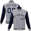 Personalized Gray & Navy & White Color Block Cotton-Blend Full-Snap Varsity Jacket - front view