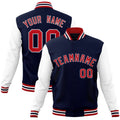 Custom Navy & Red & White Color Block Cotton-Blend Full-Snap Varsity Jacket - front view