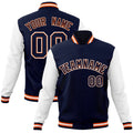 Personalized Navy & White & Orange Color Block Cotton-Blend Full-Snap Varsity Jacket - front view