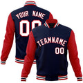 Personalized Navy & White & Red Color Block Cotton-Blend Full-Snap Varsity Jacket - front view