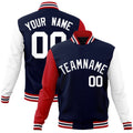 Custom Navy & White Color Block Cotton-Blend Full-Snap Varsity Jacket - front view