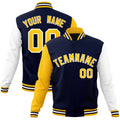 Custom Navy & Gold & White Color Block Cotton-Blend Full-Snap Varsity Jacket - front view