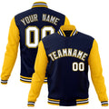 Personalized Navy & Gold & White Color Block Cotton-Blend Full-Snap Varsity Jacket - front view