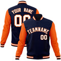 Custom Navy & White & Orange Color Block Cotton-Blend Full-Snap Varsity Jacket - front view
