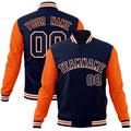 Custom Navy & Orange & White Color Block Cotton-Blend Full-Snap Varsity Jacket - front view