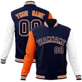 Personalized Navy & White & Orange Color Block Cotton-Blend Full-Snap Varsity Jacket - front view