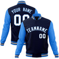Custom Navy & White & Powder Blue Color Block Cotton-Blend Full-Snap Varsity Jacket - front view