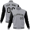 Personalized Gray & Black & White Color Block Cotton-Blend Full-Snap Varsity Jacket - front view