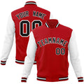 Custom Red & Black & White Color Block Cotton-Blend Full-Snap Varsity Jacket - front view