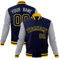 Custom Navy & Gray & Gold Color Block Cotton-Blend Full-Snap Varsity Jacket - front view