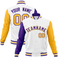 Personalized White & Purple & Gold Color Block Cotton-Blend Full-Snap Varsity Jacket - front view
