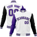 Custom White & Purple & Black Color Block Cotton-Blend Full-Snap Varsity Jacket - front view